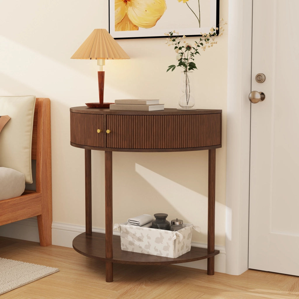 Consolle mezzaluna con motivo 3D ondulato, decoro legno noce MDF laccato UV, gambe in massello, 2 cassetti e ripiano inferiore