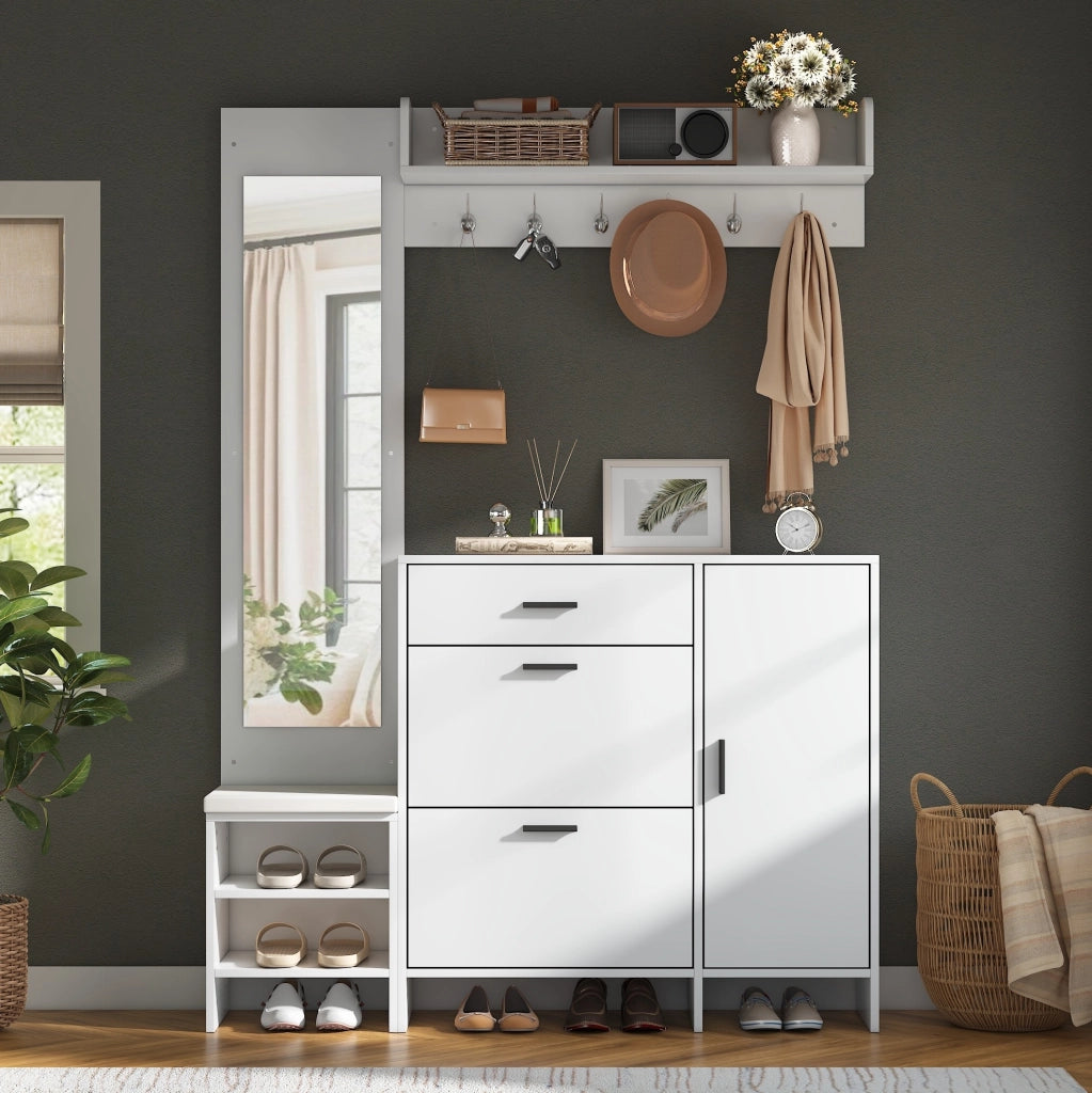 Mobile guardaroba da ingresso con scarpiera; specchio e panca; 140 ¡Á 30 ¡Á 200 cm; MDF bianco