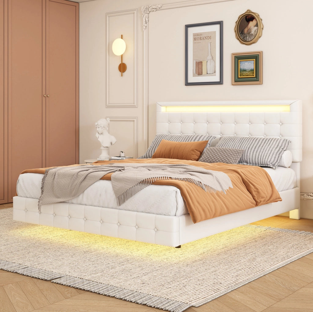 LETTO Flottante 140x200 cm in PU Bianco con LED e testiera regolabile
