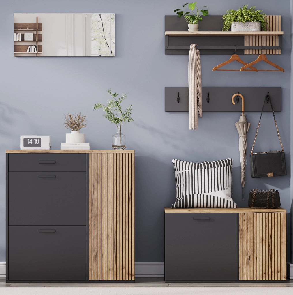Set ingresso 5 pezzi con specchio, 2 armadietti, panca porta scarpe e appendiabiti nero e legno