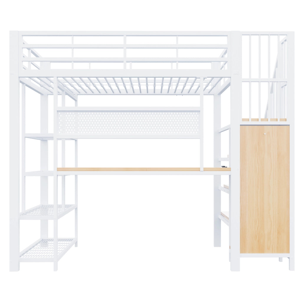 Letto a soppalco 90 x 200 cm con scrivania lunga e LED, metallo e legno, bianco