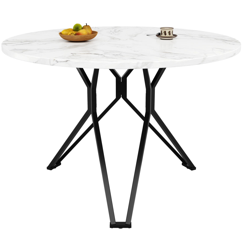 Tavolo da pranzo rotondo 100x100x76 cm in MDF effetto marmo e metallo, 4 posti