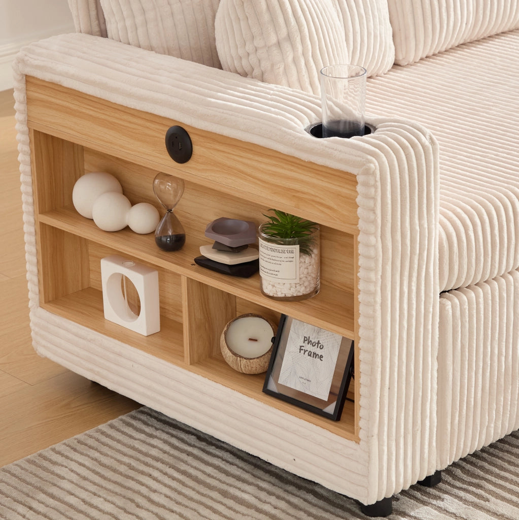Divano letto in tessuto corduroy beige con contenitore; USB-C e luci LED; 196 cm