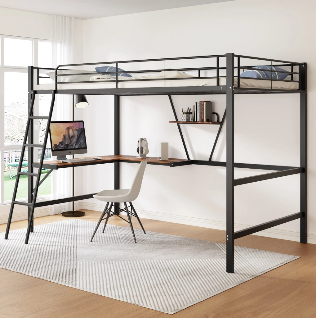 LETTO a soppalco 90x200 cm in metallo nero con scrivania a L e ripiano