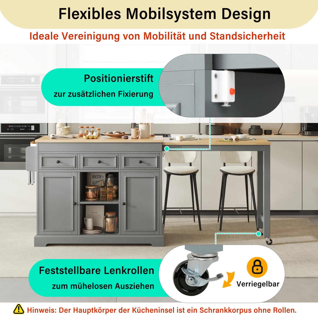 Mobile da cucina con piano estraibile laterale; 3 cassetti e ripiani regolabili grigio 112–188 × 45 × 92 cm