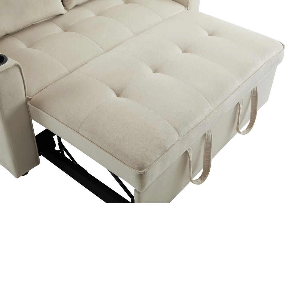 Divano letto ULEVR 137 cm in velluto beige, schienale regolabile a 3 posizioni con portabevande e tasche laterali