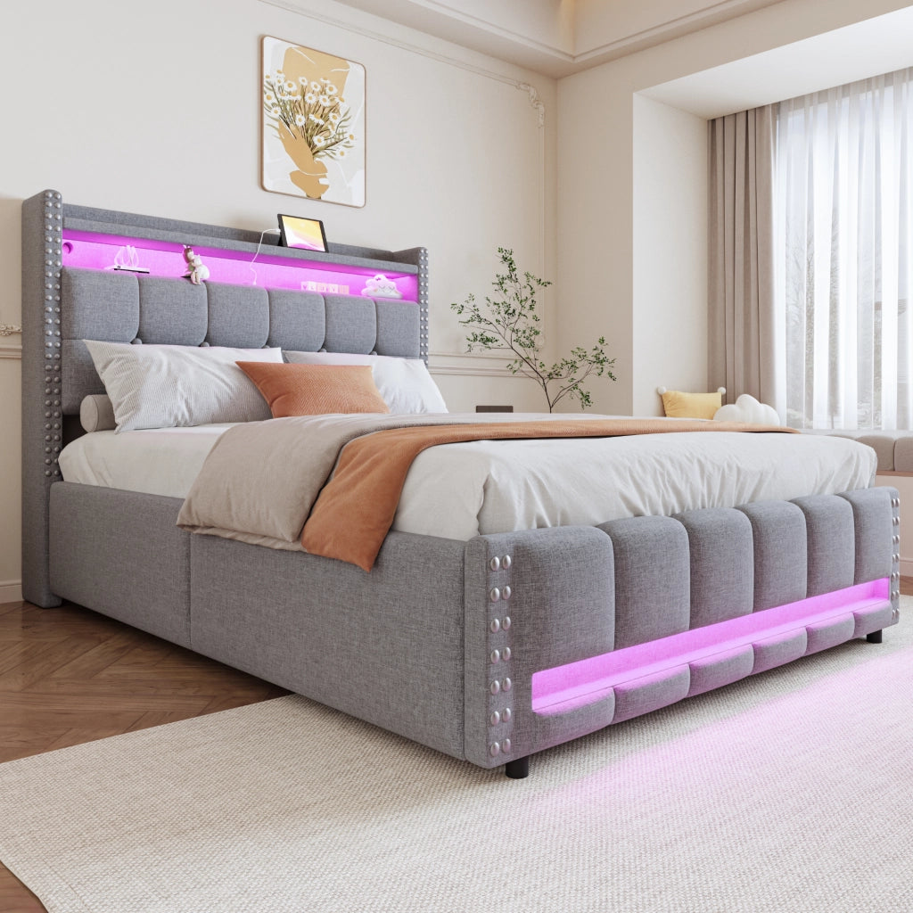 Letto matrimoniale 140×200 cm con contenitore idraulico; LED multicolore e USB; senza materasso; grigio chiaro