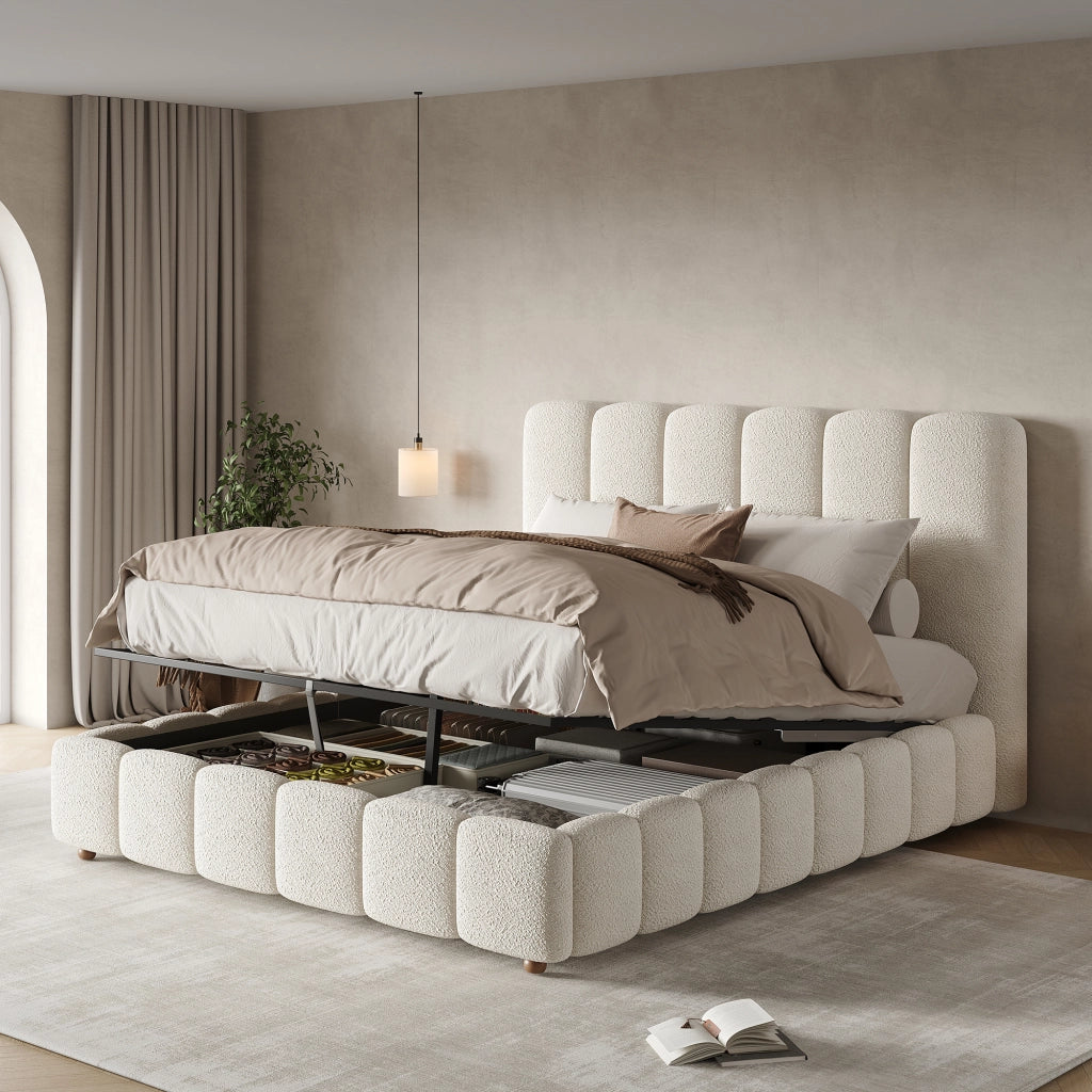 Letto matrimoniale contenitore idraulico 140x190 cm in boucl茅 bianco