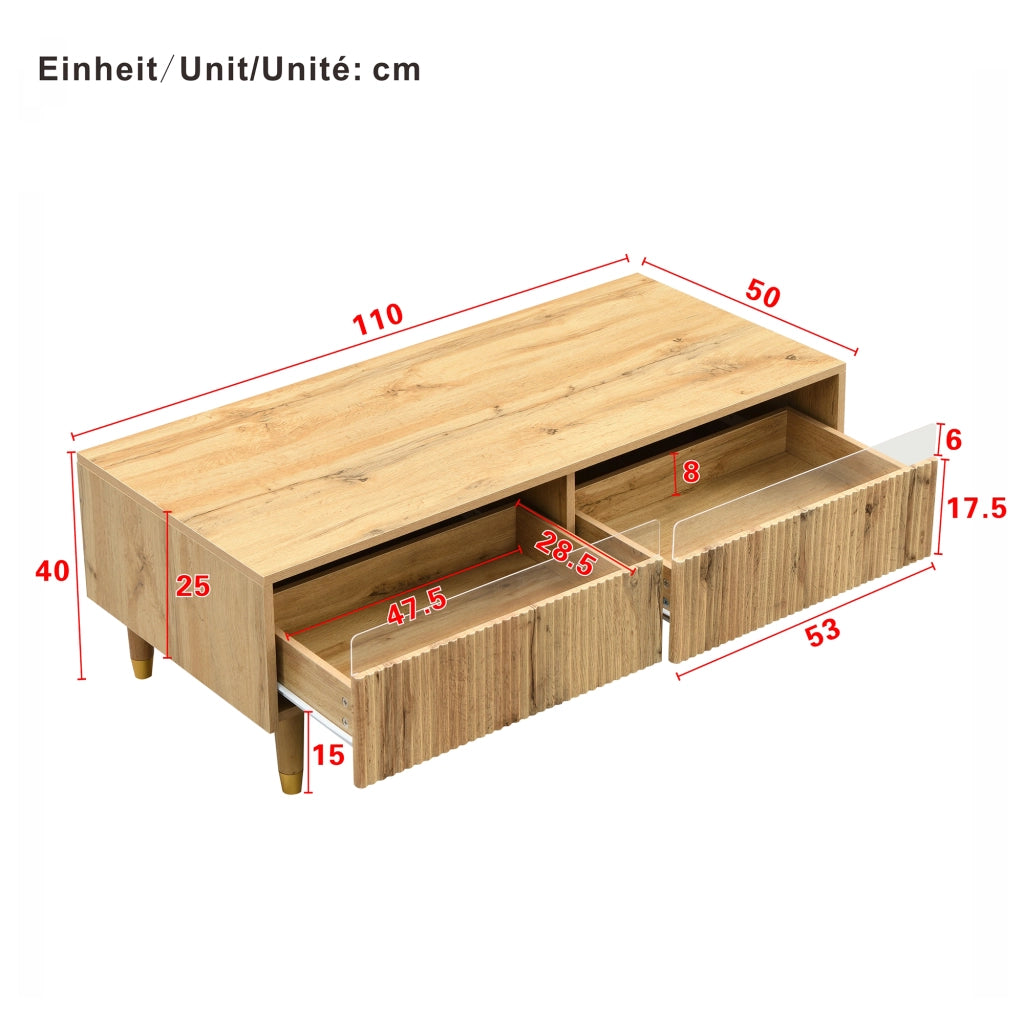 Tavolino da salotto con 2 cassetti e LED colorati, finitura ondulata, per soggiorno, in MDF legno, 110 × 50 × 40 cm