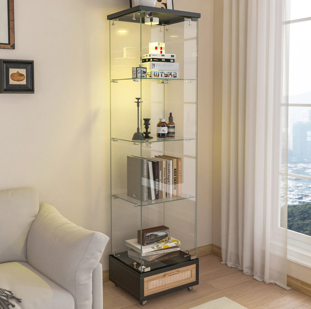 Vetrina moderna nera in vetro temperato con cassetti, LED a 13 colori, 4 ripiani interni, H167 x L42,5 x P36,5 cm