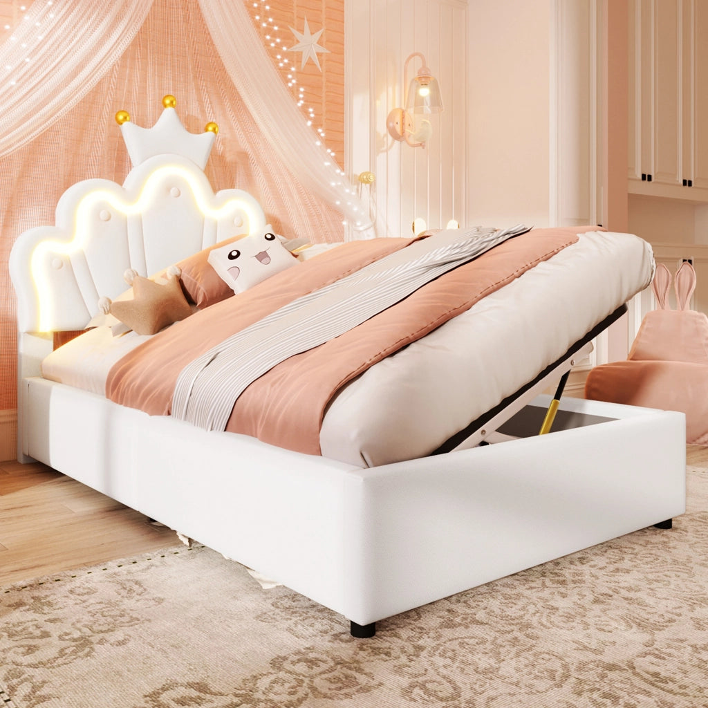 Letto singolo imbottito 90 × 200 cm con contenitore idraulico PU bianco testiera regolabile e LED