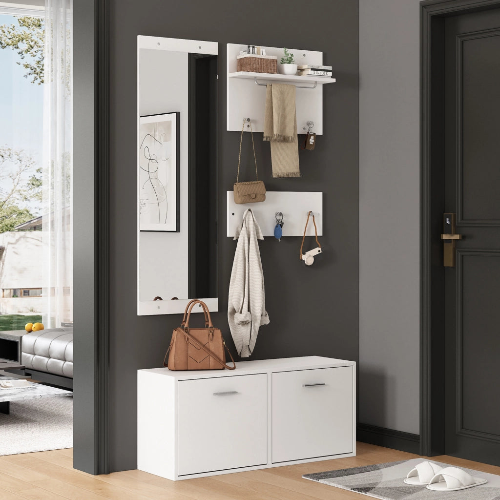 Set guardaroba da ingresso a 4 pezzi con specchio e mobile scarpe bianco