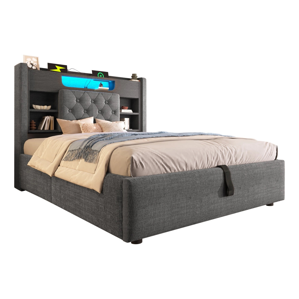 Letto per Bambini 90x200 cm con contenitore idraulico; LED; USB e Type-C; testiera con ripiani; lino grigio