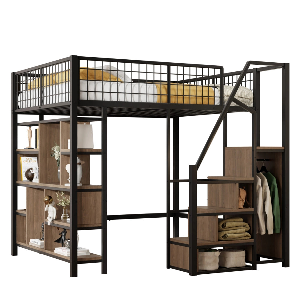 Letto a soppalco 140x200 cm con scala contenitore, in metallo, compensato e MDF nero