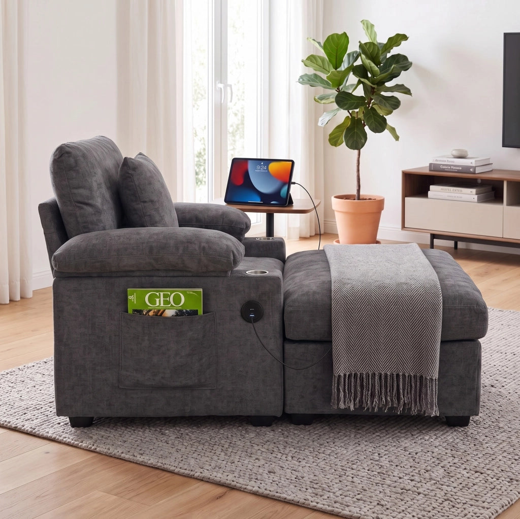 Chaise longue trasformabile ULEVR con pouf, USB, vani nei braccioli e portabevande, ciniglia grigio scuro
