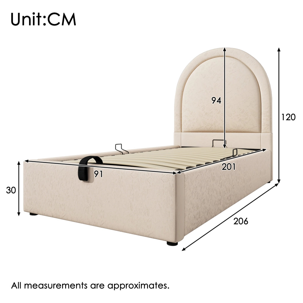 Letto imbottito singolo per bambini con contenitore; rivestimento in PU beige; materasso 90 x 200 cm