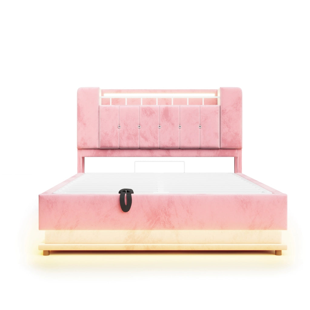 Letto contenitore 140x200 cm in MDF, metallo e velluto rosa con LED e USB senza materasso