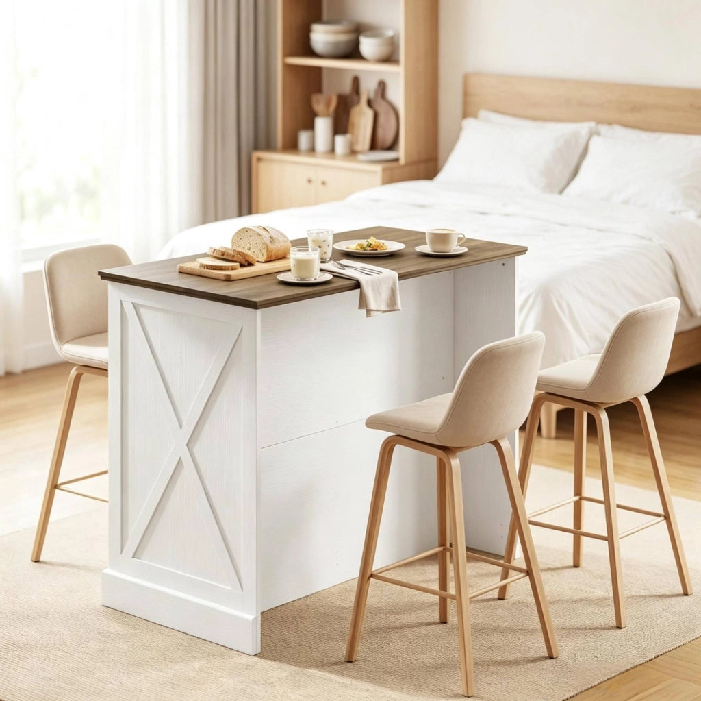 Isola cucina 106,4x57x92 cm bianca e marrone in MDF, 2 cassetti e anta scorrevole