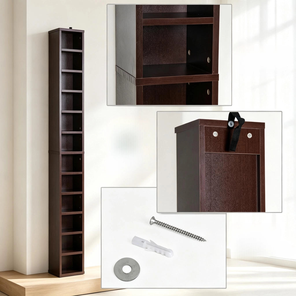 Scaffalatura porta CD a 12 livelli in MDF e truciolare marrone con sistema antiribaltamento 21 × 20 × 175 cm