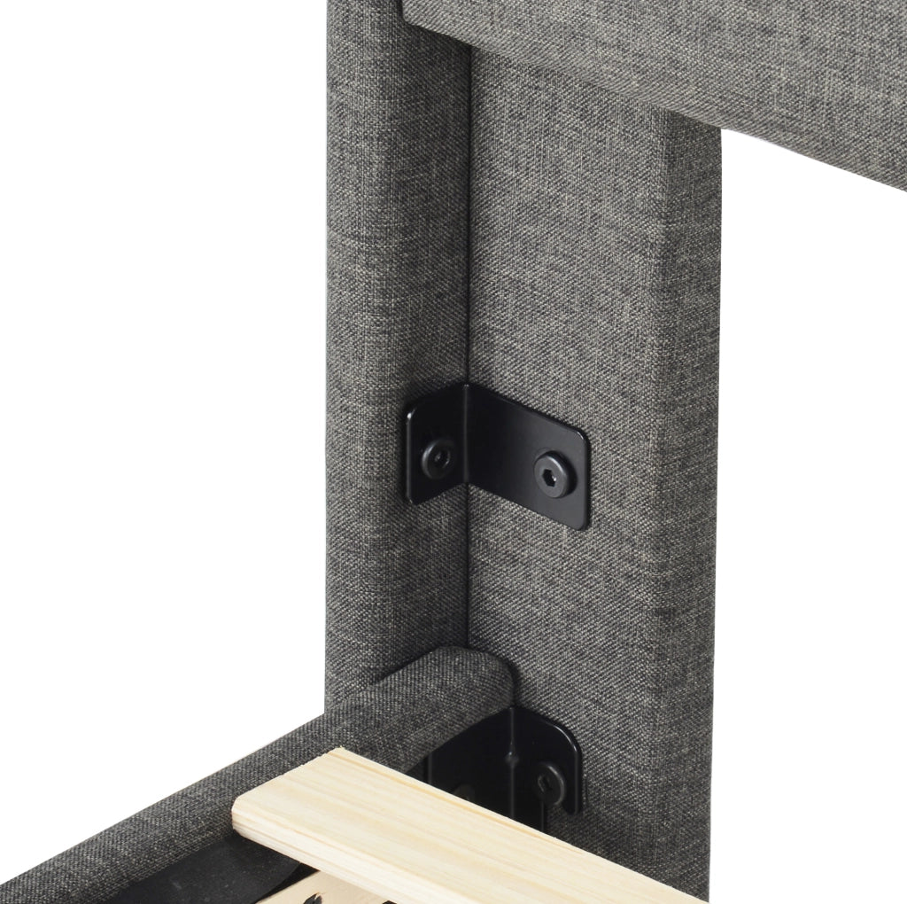 Letto imbottito 90x200 cm con rete a doghe e testiera in lino grigio, design moderno e senza boxspring