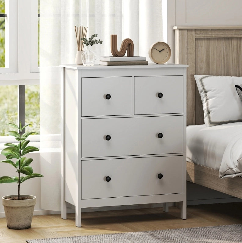 Cassettiera 74x35x97 cm a 4 cassetti in truciolare bianco con maniglie nere