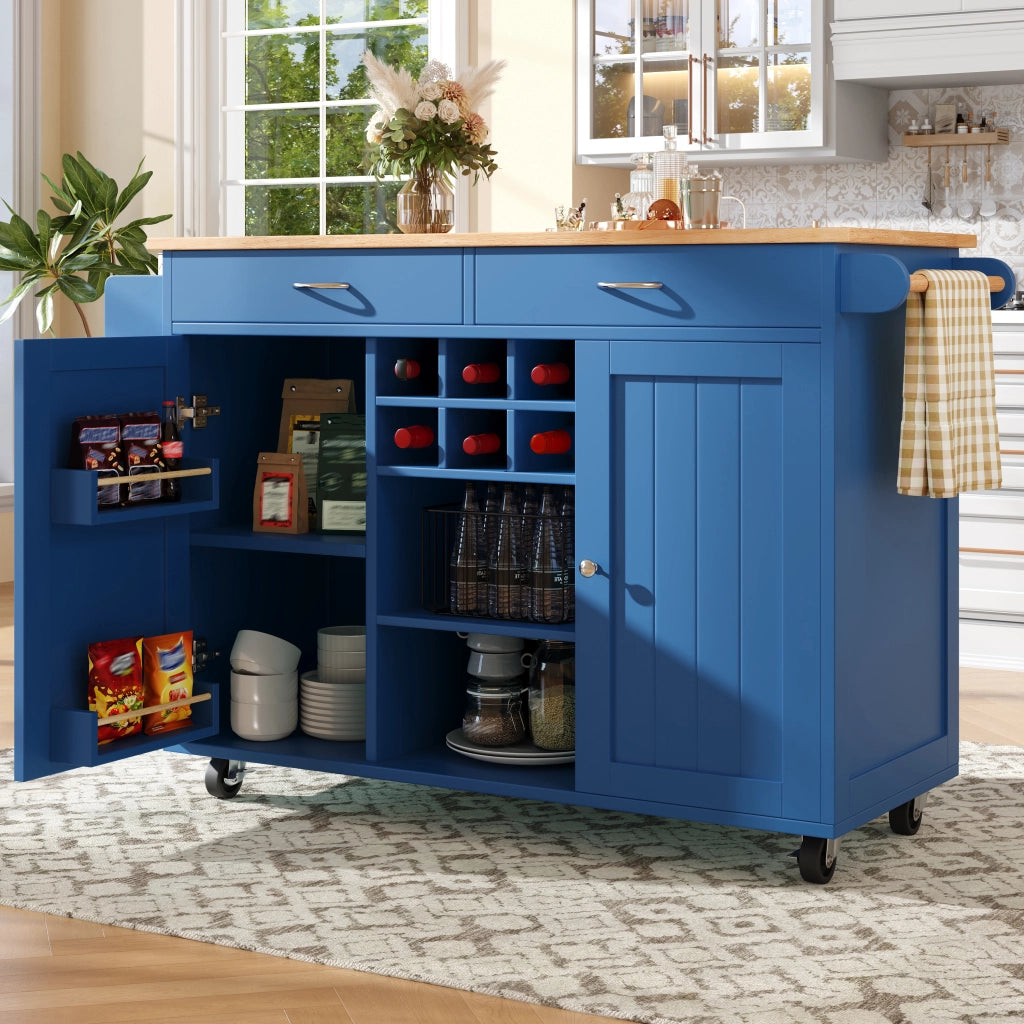 Mobile base da cucina con ruote bloccabili portabottiglie e ripiani laterali MDF blu 102 × 45 × 92 cm