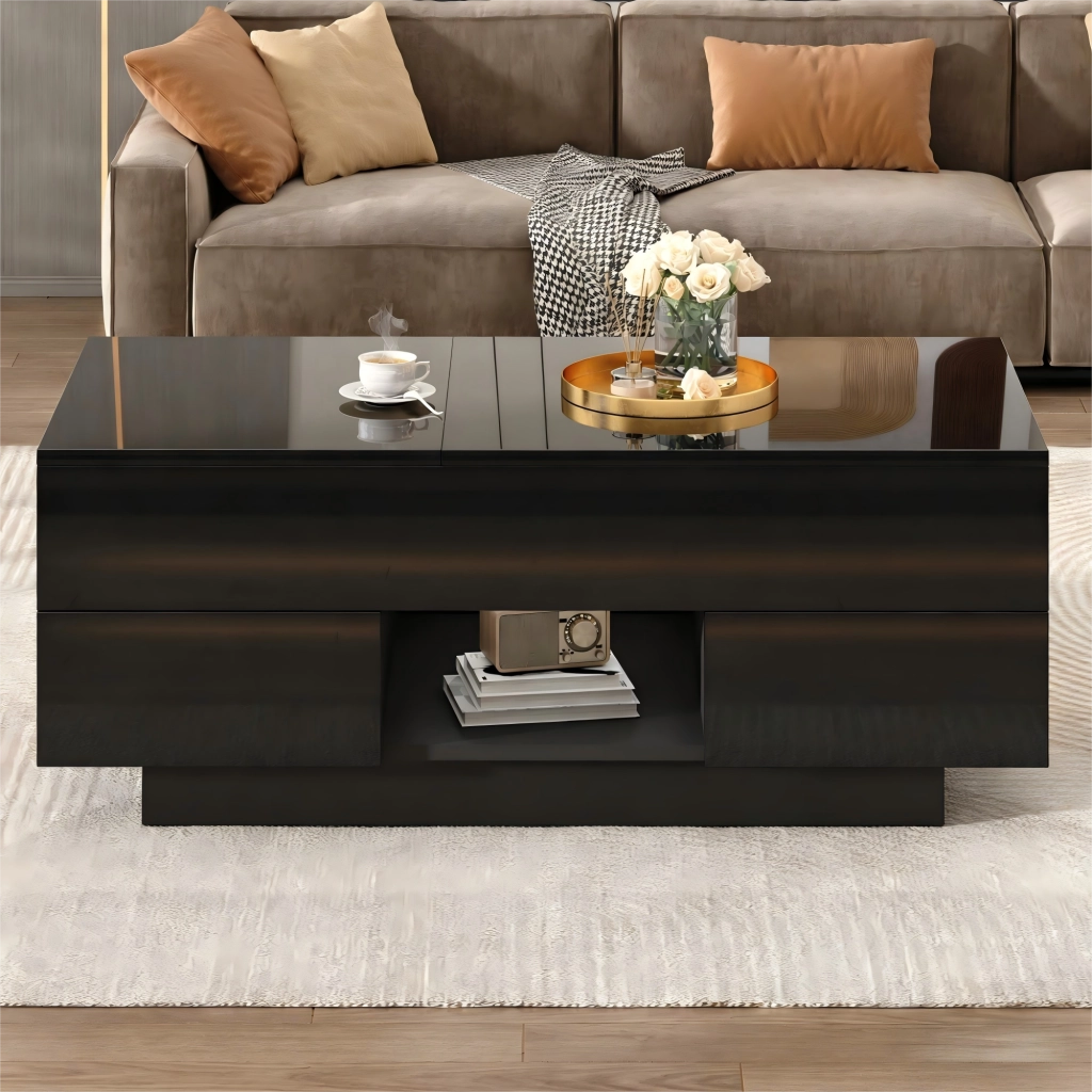 Tavolino da salotto sollevabile nero lucido con luci led 100x45x43 cm
