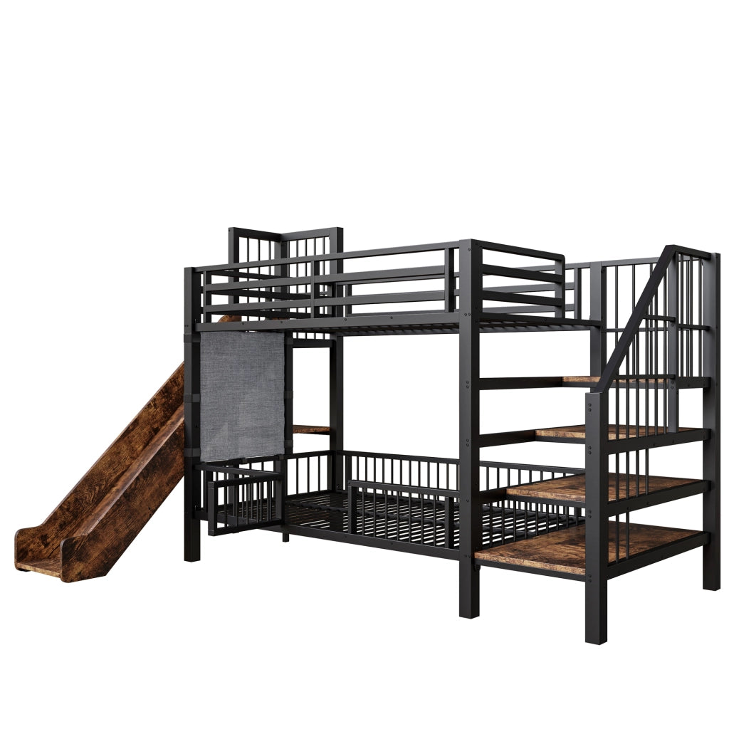 Letto a castello per bambini in metallo con scivolo, scala con contenitore e ripiani integrati 90x200 cm, nero