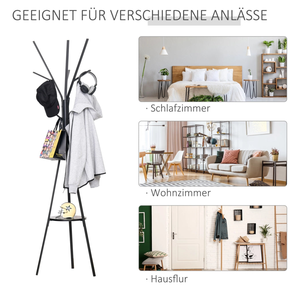 Standgarderobe Kleiderständer 180 cm Schwarz Metall mit 3 Stangen und 8 Haken für Flur