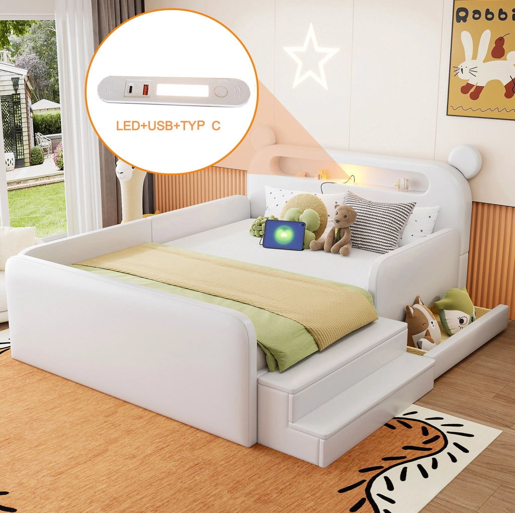 Letto imbottito per bambini 140x200 cm con testiera a orso; luce notturna; USB; contenitore; bianco