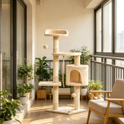 Albero tiragraffi beige a 4 livelli con cuccia e amaca
