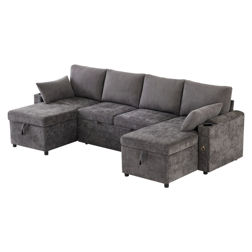 Divano letto modulare a U 4 posti con portabicchieri e contenitore; grigio