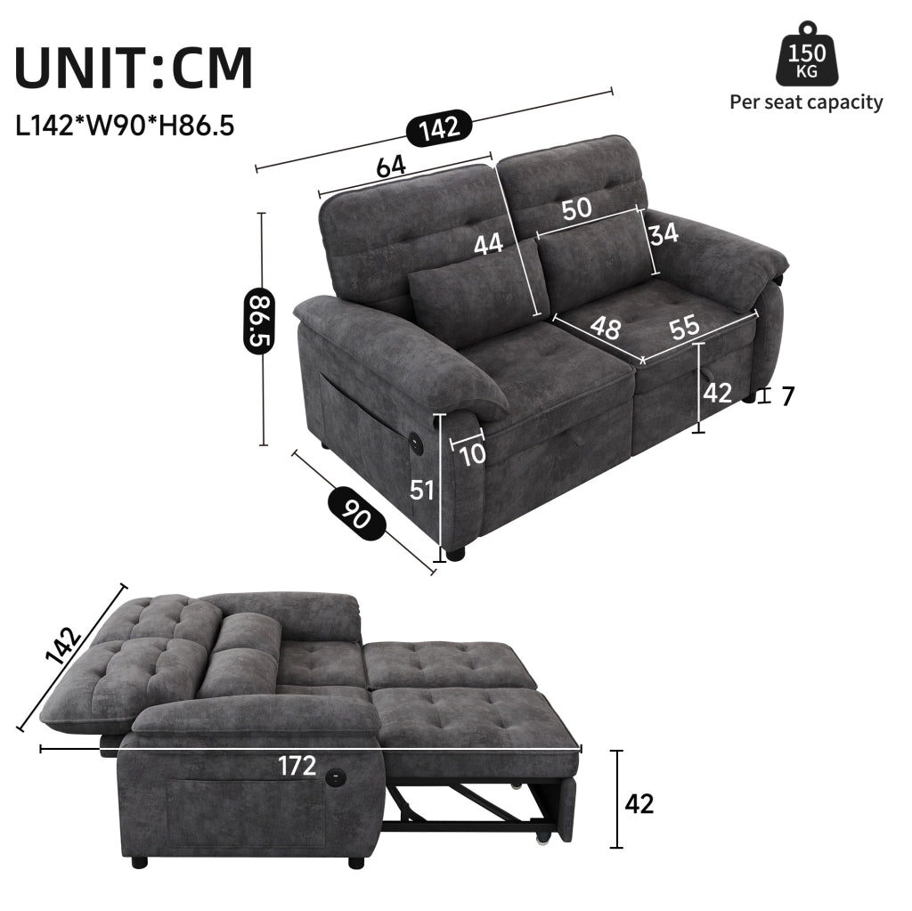 Divano letto 3 in 1 in tessuto Chenille grigio con due cuscini e schienale regolabile