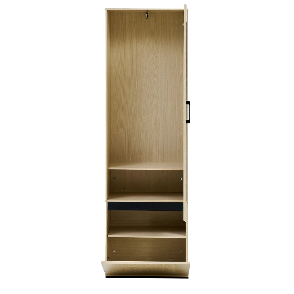 Armadio Guardaroba Stretto con Specchio e Asta Appendiabiti Estraibile in Metallo; Mobile Ingresso Salvaspazio in MDF; 54x34.5x179.5 cm; Colore Legno