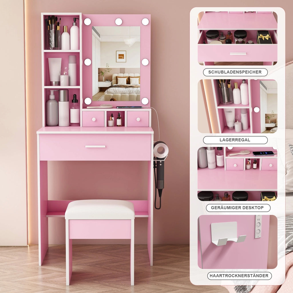 Toeletta rosa con specchio LED a 3 tonalità; presa integrata; supporto asciugacapelli; cassetti e sgabello imbottito in MDF