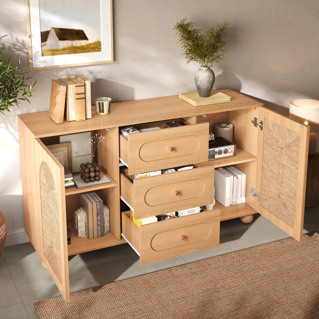 Credenza con due ante e tre cassetti 140 x 40 x 80 cm; intreccio di corda; MDF e truciolare; naturale