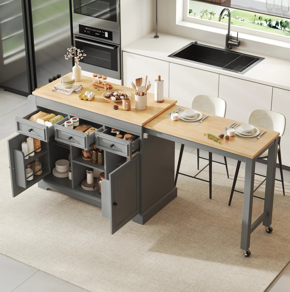 Isola cucina con ruote 188x45x92 cm in MDF grigio con piano estensibile