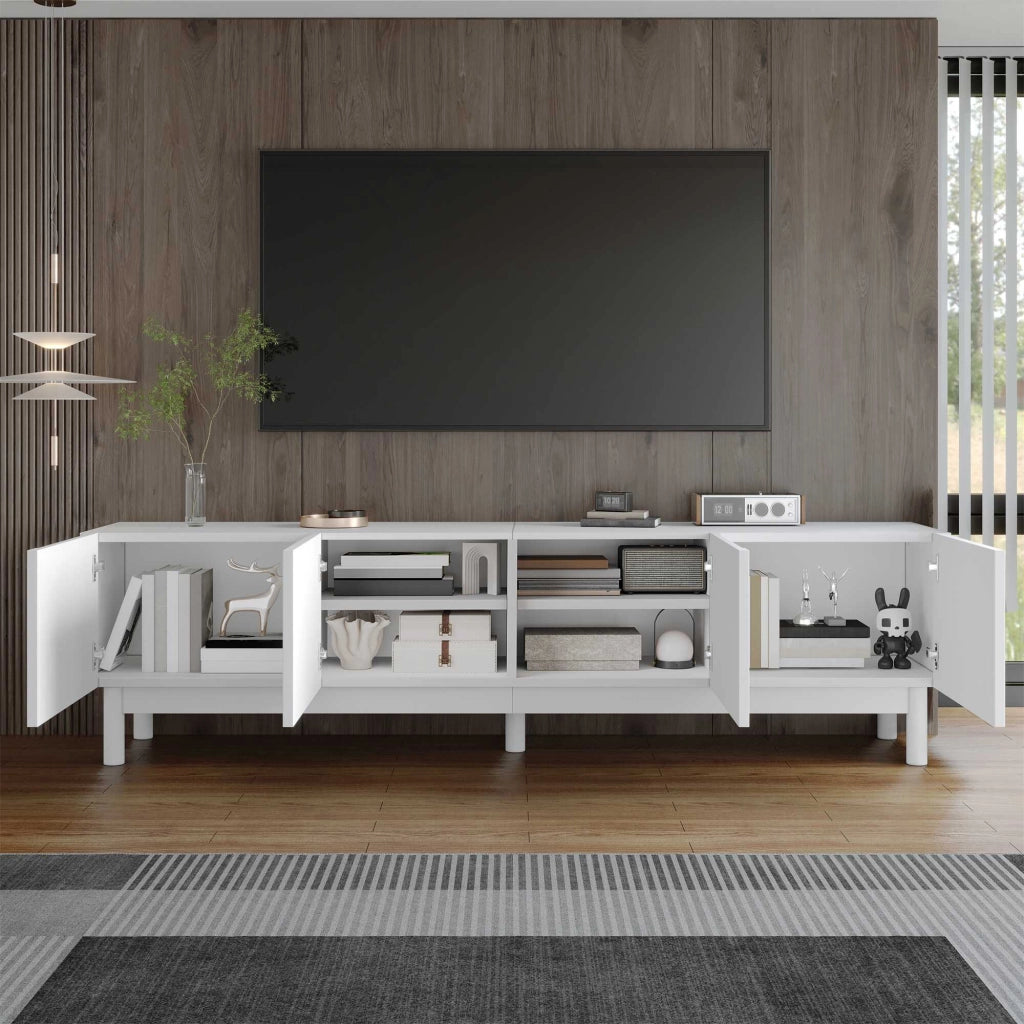 Mobile TV bianco 169x35x45,5 cm con ante ondulate, ripiani e gambe
