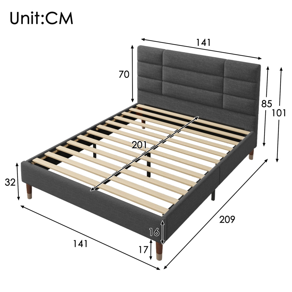 Letto imbottito 140x200 cm con rete e materasso H3 a 7 zone in lino grigio