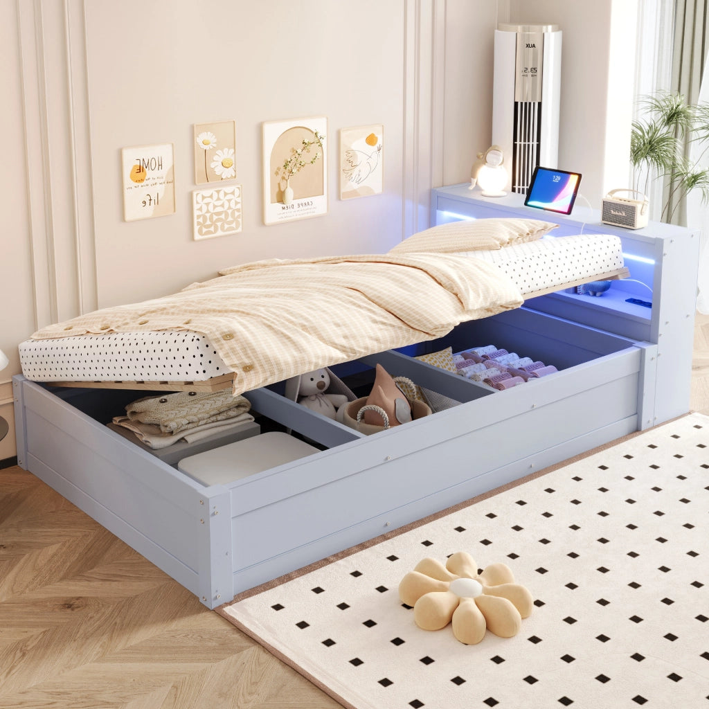 Letto singolo multifunzionale 90x200 cm in legno massello con contenitore idraulico, strisce LED colorate e presa elettrica integrata, grigio