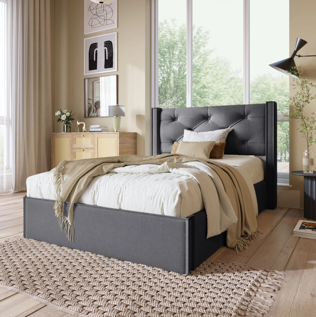 Letto 90x200 cm con contenitore e sollevamento idraulico in cotone grigio