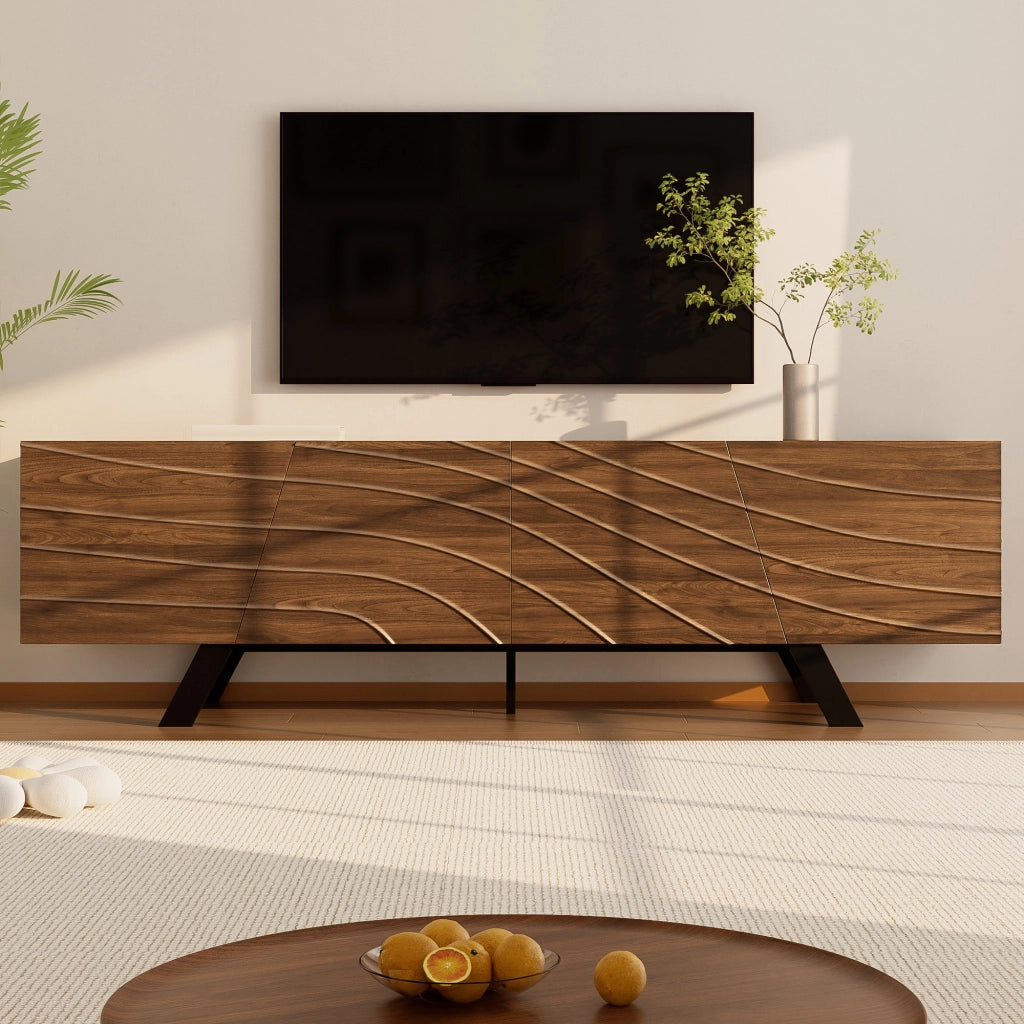 Mobile TV moderno con frontale ondulato 160x39x50;5 cm in MDF effetto noce e gambe nere