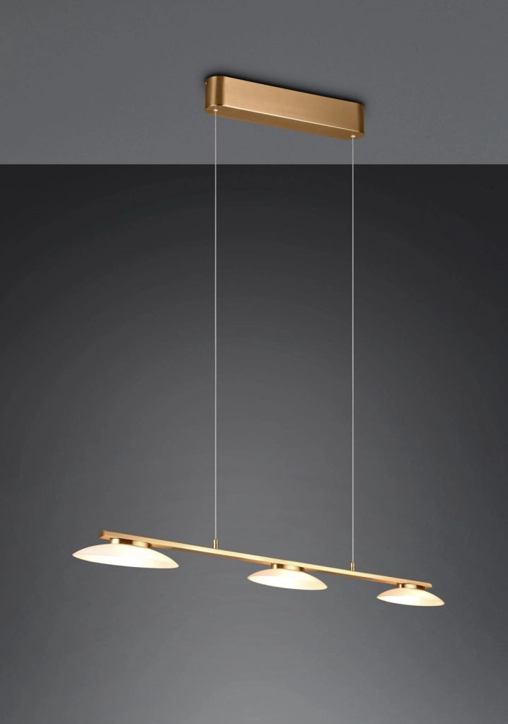 MERTON SOSPENSIONE LED  27W 2850lm, 3000K METALLO OTTONE ANTICATO CON 3 DIFFUSORI VETRO DIMMERABILE AD INTERRUTTORE L. 102CM