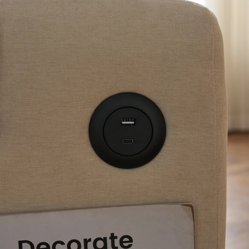 Divano letto 2 posti in ciniglia beige con schienale regolabile; USB; supporto smartphone e tasche