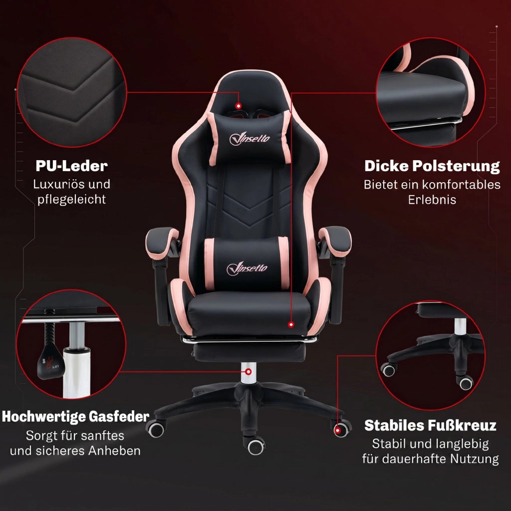 Sedia da gaming ed ufficio ergonomica rosa e nero con cuscino poggiatesta supporto lombare e poggiapiedi per casa