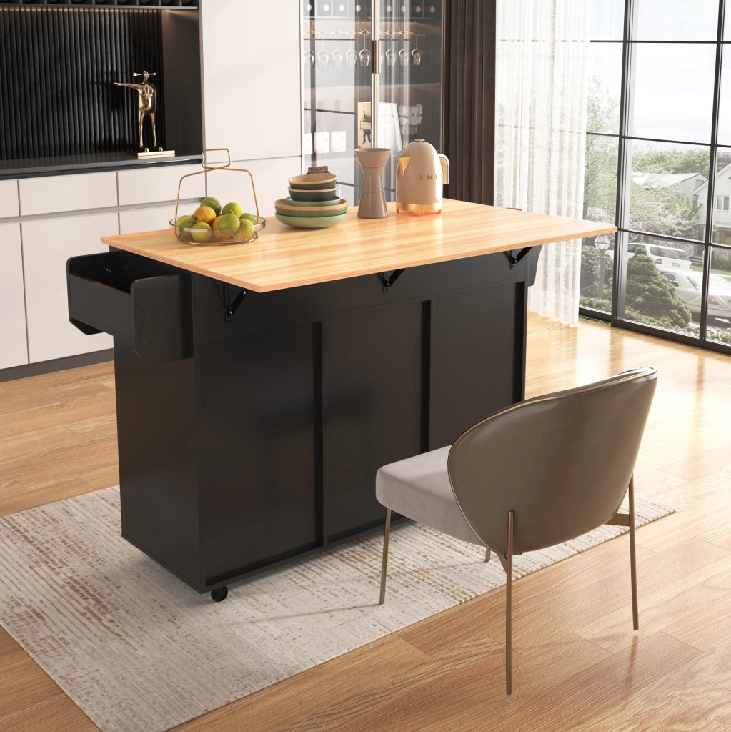 Carrello da cucina 139 x 46 x 91,5 cm nero effetto legno, piano ribaltabile, ruote