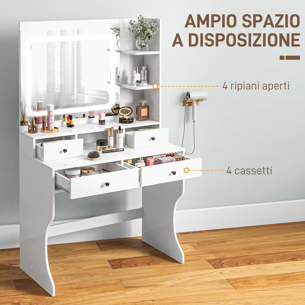Toeletta da Trucco con Specchio Luci LED 3 Tonalità, Prese USB, 4 Cassetti e Mensole, Design Moderno, 90x45x160cm, Bianco