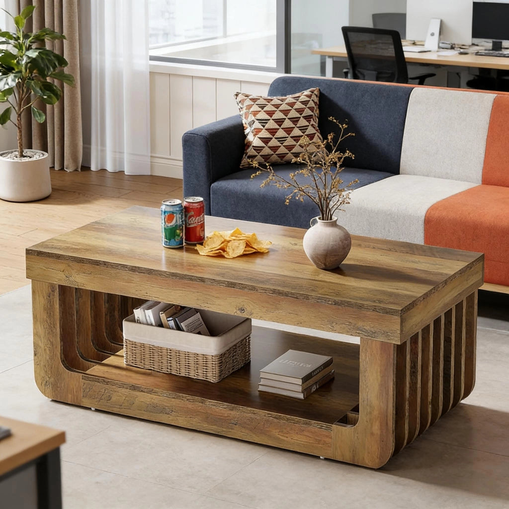 Tavolino da caff¨¨ a 2 ripiani 120x60x45 cm in MDF marrone con ripiano inferiore