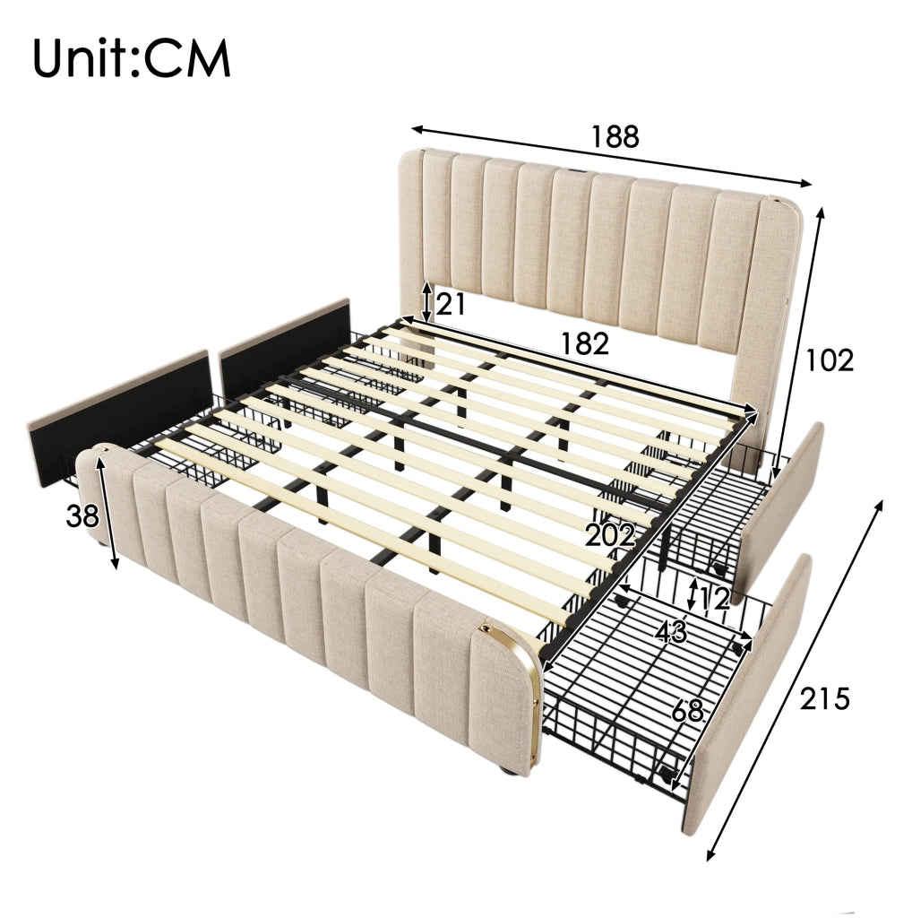 Letto matrimoniale imbottito 180x200 cm in lino beige con 4 cassetti; USB e materasso