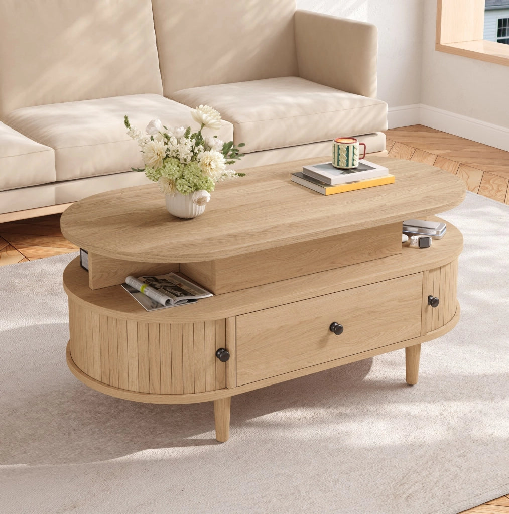 Tavolino da caff¨¨ ovale 105x50 cm con piano sollevabile in MDF naturale